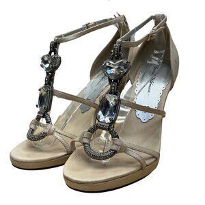 Beverly Feldman Women’s Beige Leather Rhinestone Detail T-Strap Heels Size 7.5M
